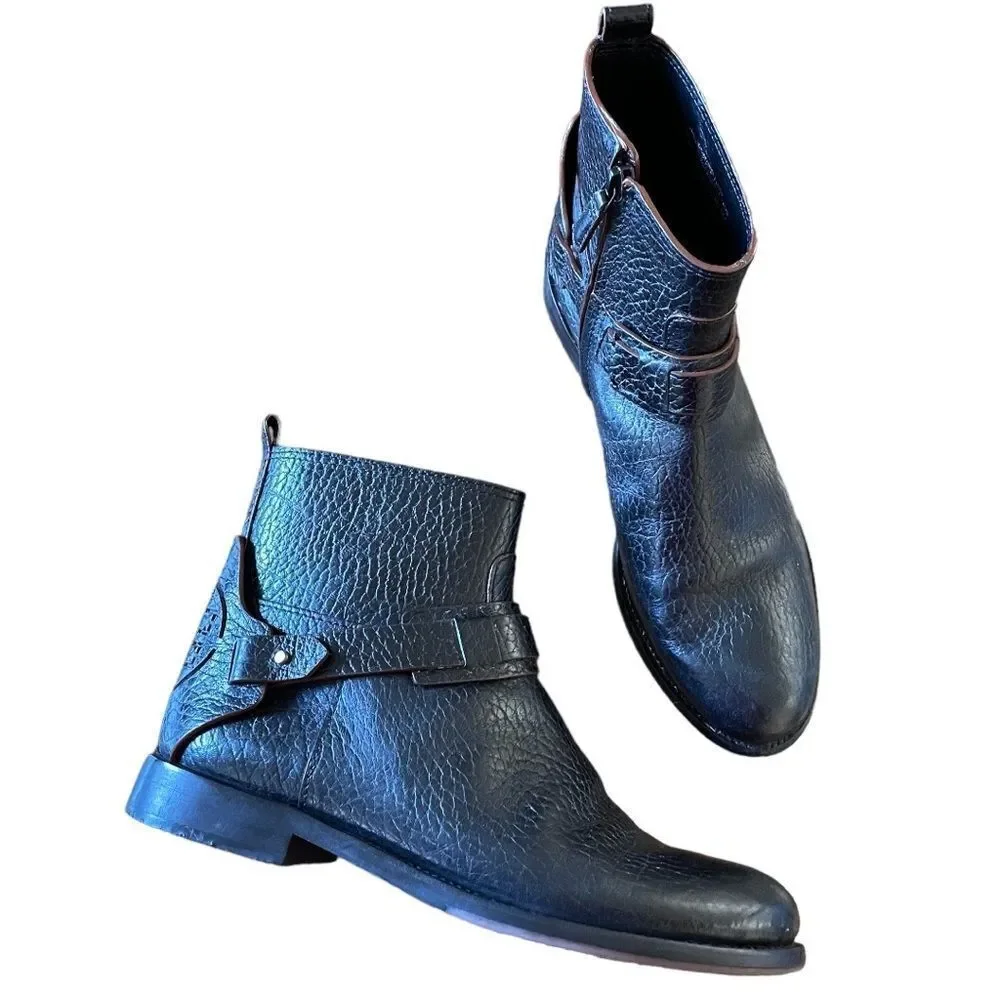 Tory Burch Derby Ankle Boots Pebble Leather Black